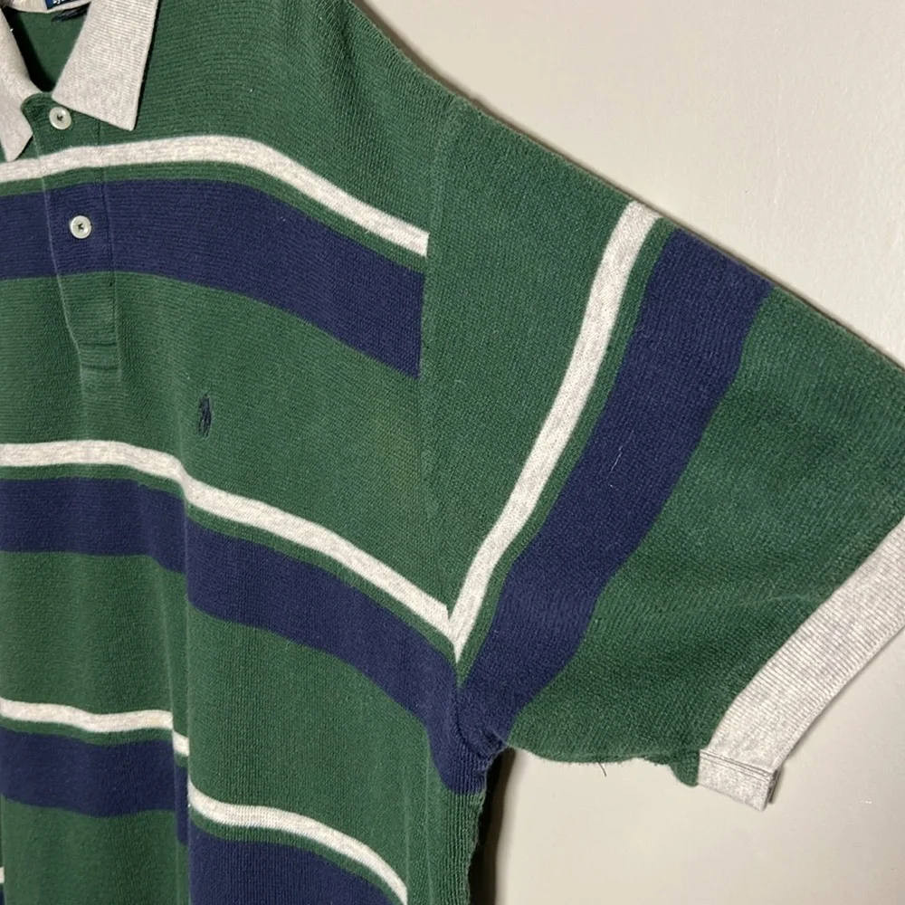 Vintage Polo Ralph Lauren Terrycloth Cotton Polo Green Navy White striped Sz XL - Picture 5 of 11